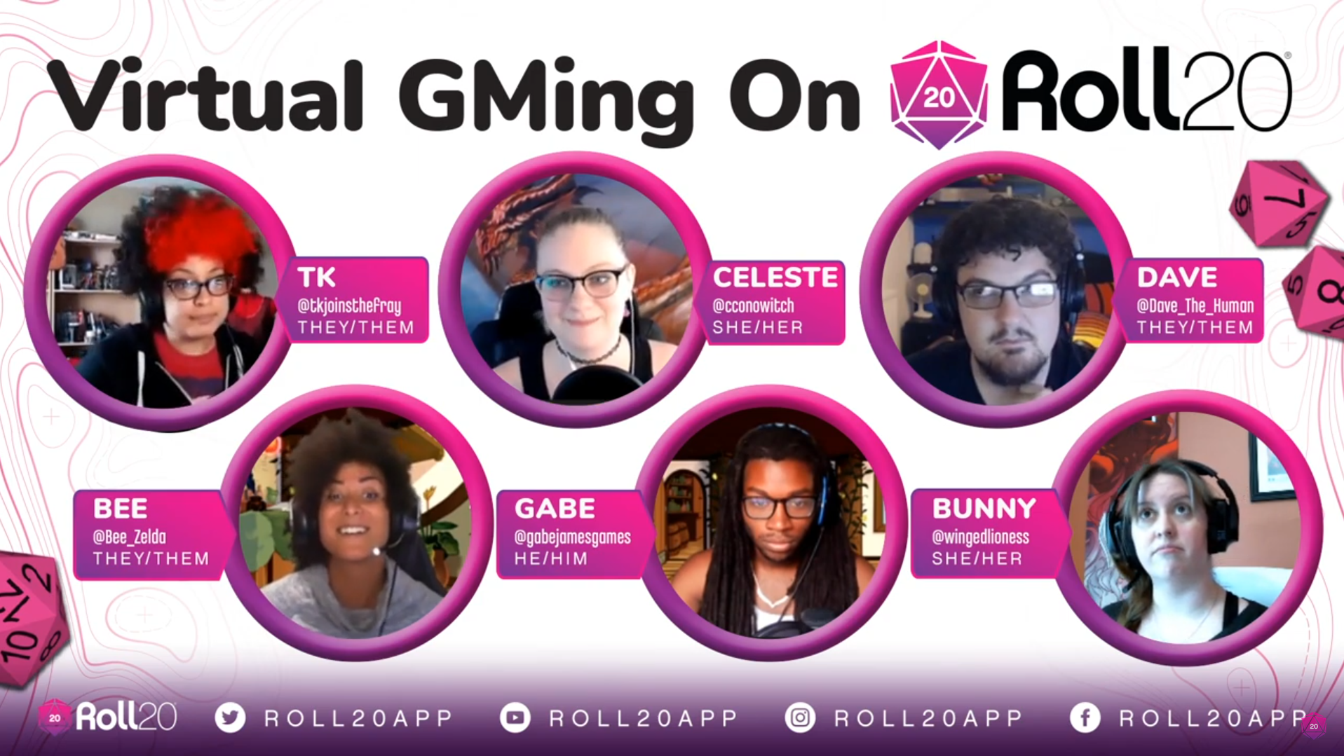 Virtual GMing on Roll20 YouTube image with six different people making various faces at the camera.