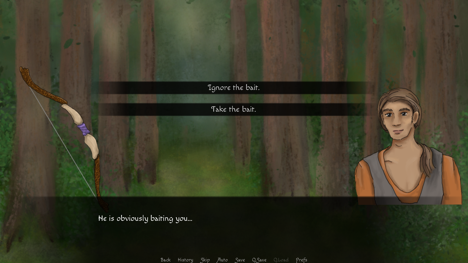 A screencap from The Looming King demo showcasing one of the choices reacting to an NPC.