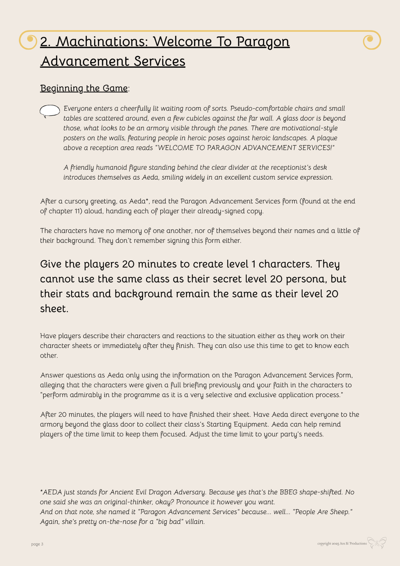 page 3 of an original d&d or pathfinder compatible adventure that gives the initial instructions to for the beginning of the adventure.