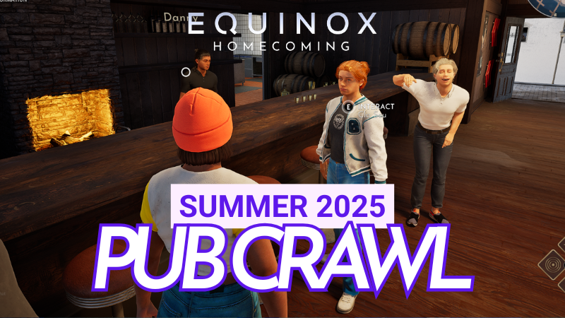 Equinox: Homecoming's Summer 2025 PubCrawl with several players hanging out in-game at a tavern.