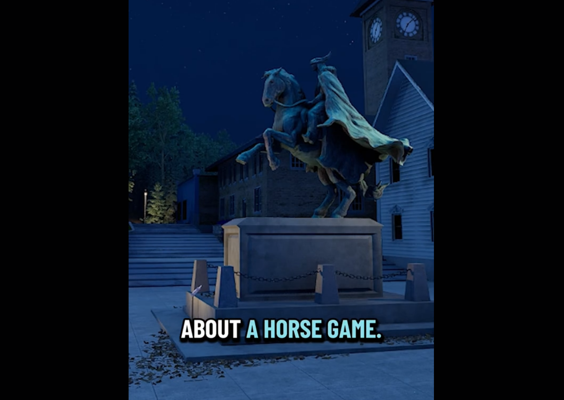 TikTok video screencap of a spooky horse and rider statue with a caption that reads ABOUT A HORSE GAME.
